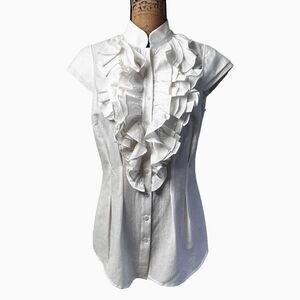 ECCOCI Women White Paisley Jacquard Ruffle Button Front Blouse Cotton Sz 10
